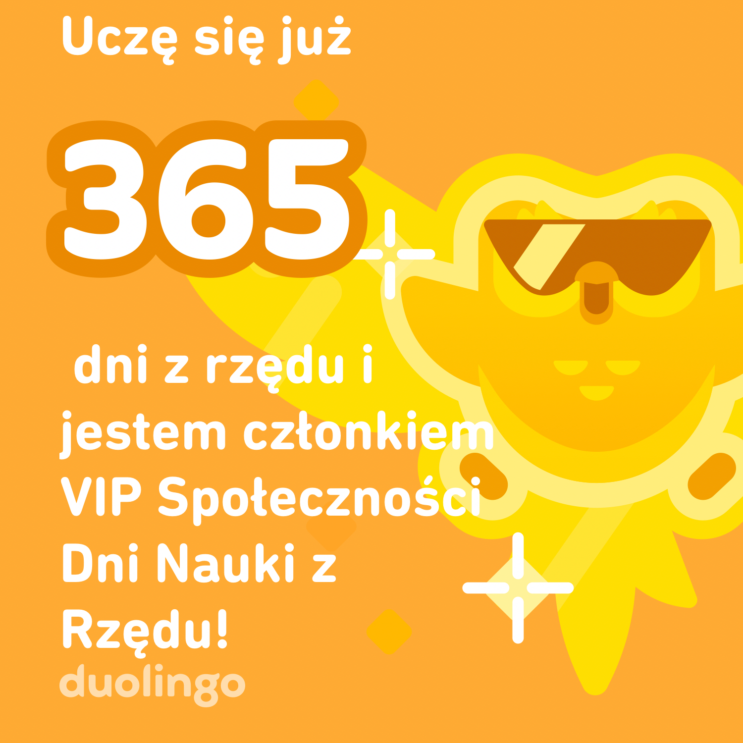 Grafika z aplikacji Duolingo po streaku nauki 365 dni z rzędu i dołączeniu do VIP społeczności 